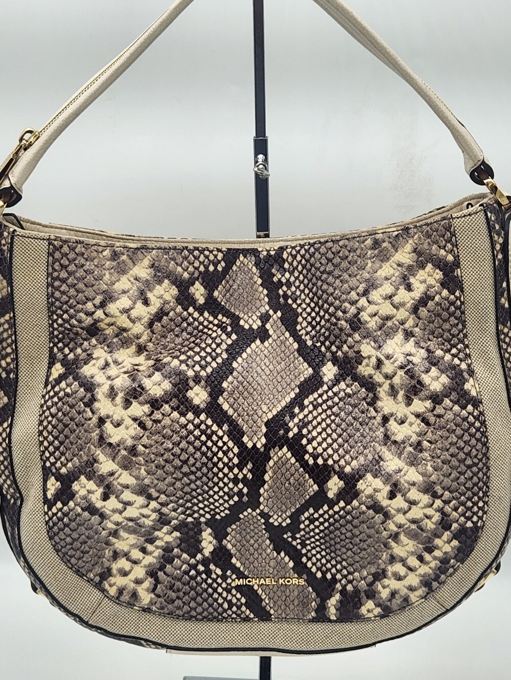 Michael Kors Snake Embossed Leather Canvas Hobo Shoulder Bag Natural Cream